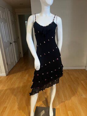 VINTAGE 90'S Y2K CACHE BEADED SILK ROSETTE ASYMMETRICAL DRESS SZ 4 FAIRY GRUNGE